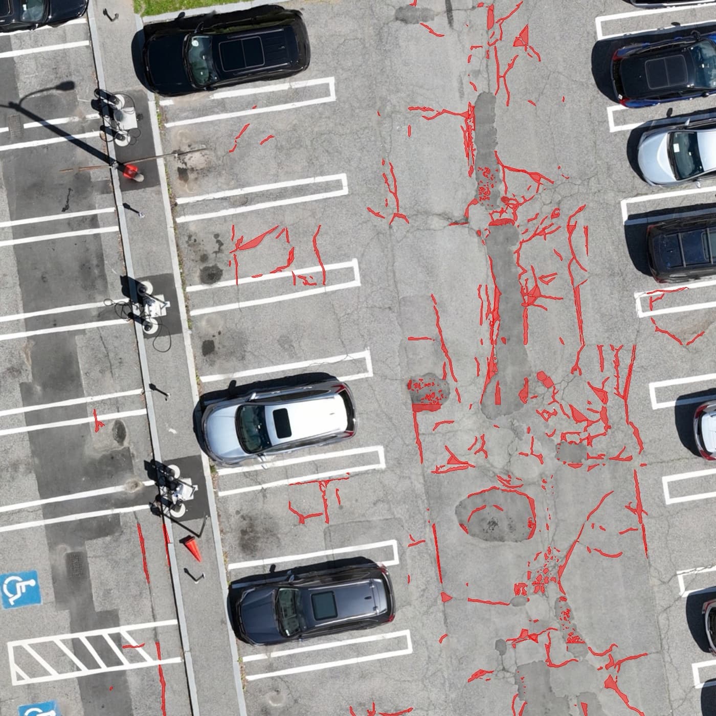 Parking lot ortho with LandOS pavement crack vectors
